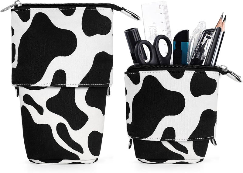KPX Cute Standing Pencil Case for Kids, Pop Up Pencil Box Makeup Pouch, Christmas Gift Kids Canvas Pen Holder Organizer Cosmetics Bag, Kawaii Stationary (Cow Print) - Image 1